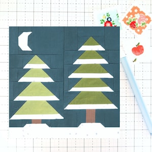 Winter Night Woodland Forest Trees Quilt Block PDF pattern - Includes instructions for 6 inch, 12 inch, 18 inch and 24 inch Finished Blocks