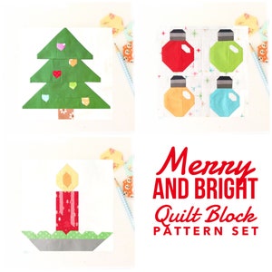Set of 3 Christmas Quilt Block Patterns: Christmas Lights, Christmas Tree, and Candle Instructions for 6&quot; and 12&quot; blocks 15% Savings