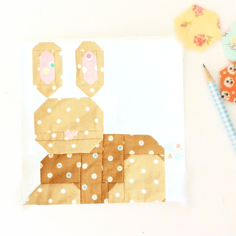 Bunny Bun Quilt Block PDF Instant Download Rabbit Quilt Block Pattern 6 inch and 12 inch block instructions image 1