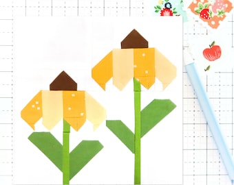 Brown-Eyed Susans Quilt Block Pattern PDF Spring Flower - Instructions for 6 inch, 9 inch, 12 inch, 18 inch, 24 inch Finished Blocks