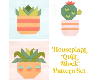 Set of 3 Houseplant Quilt Block Patterns: Succulent, Cactus, Houseplant-Instructions for 6", 12", 18" and 24" blocks 15% Savings