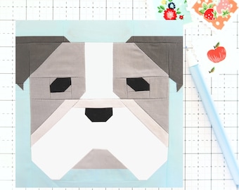 English Bulldog Dog Puppy Quilt Block PDF pattern -Includes instructions for 6 inch, 12 inch, 18 inch and 24 inch Finished Blocks