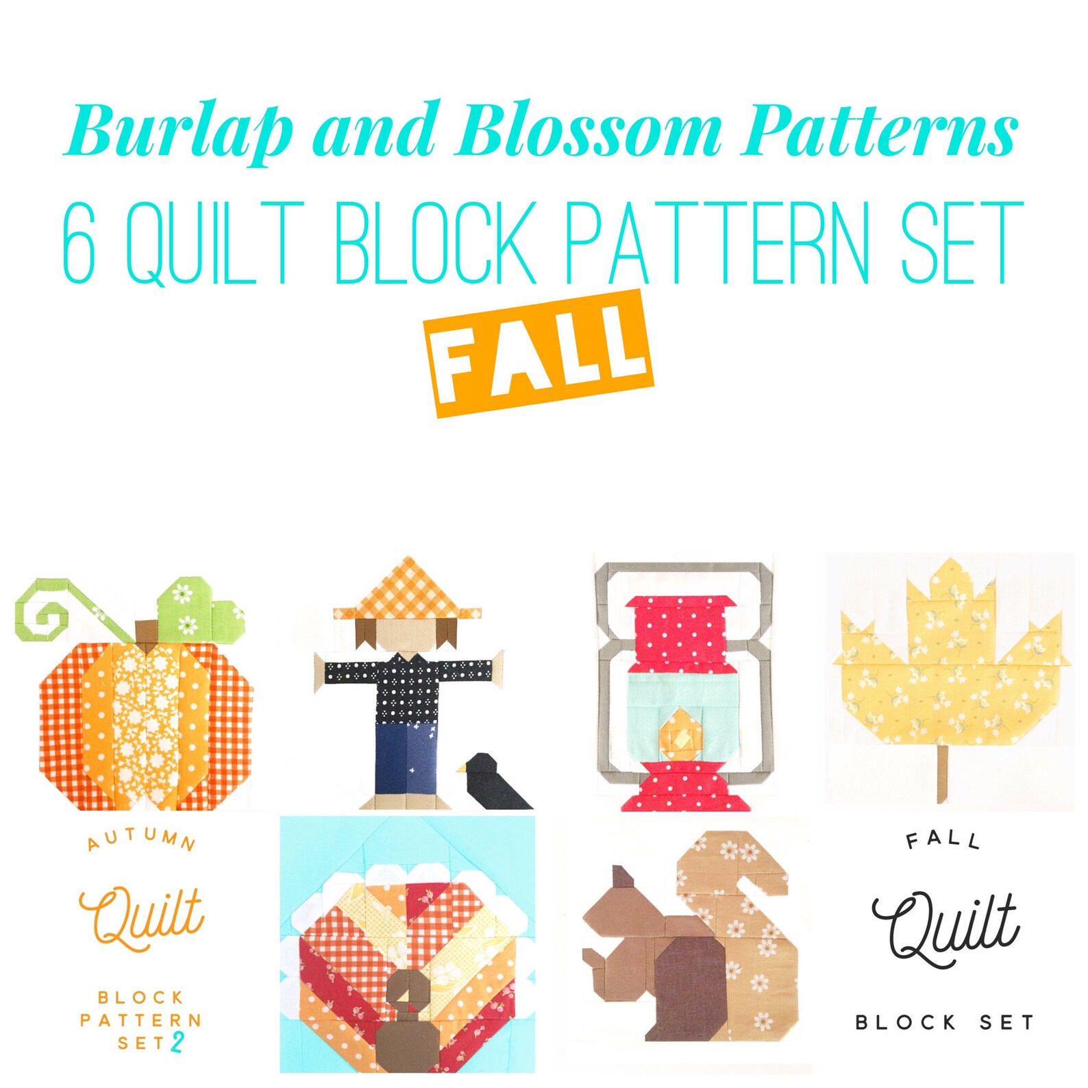 Set of 6 Fall Autumn Quilt Block Patterns - Henrietta Squirrel, Lantern ...