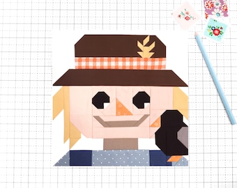 Scarecrow Face Quilt Block Pattern Fall Autumn Crow PDF - Makes 6 inch, 9 inch, 12 inch, 18 inch, and 24 inch Blocks - Traditional Piecing