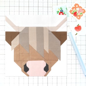 Highland Cow Quilt Block Pattern Animal PDF - enthält Anweisungen für 6-Zoll-, 9-Zoll-, 12-Zoll-, 18-Zoll- und 24-Zoll-Blöcke, die traditionell zusammengefügt werden