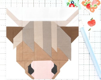 Highland Cow Quilt Block Pattern Animal PDF -Includes instructions for 6 inch, 9 inch, 12 inch, 18 inch, 24 inch Blocks Traditional Piecing