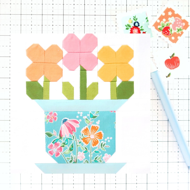 Flower Pot Quilt Block Pattern Spring PDF Includes instructions for 6 inch, 9 inch 12 inch, 18 inch and 24 inch Blocks Traditional Piecing image 1