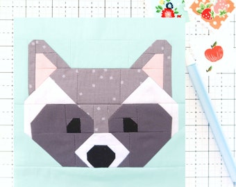 Raccoon Woodland Fall Autumn Animal PDF Quilt Block Pattern -Includes instructions for 6 inch, 12 inch, 18 inch, and 24 inch Finished Blocks