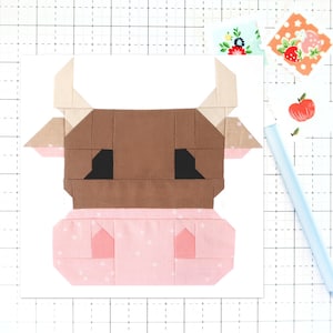 Cow Quilt Block PatternFarm Animal Face PDF- Instructions for 6 inch, 9 inch, 12 inch, 18 inch, 24 inch Finished Blocks Traditional Piecing