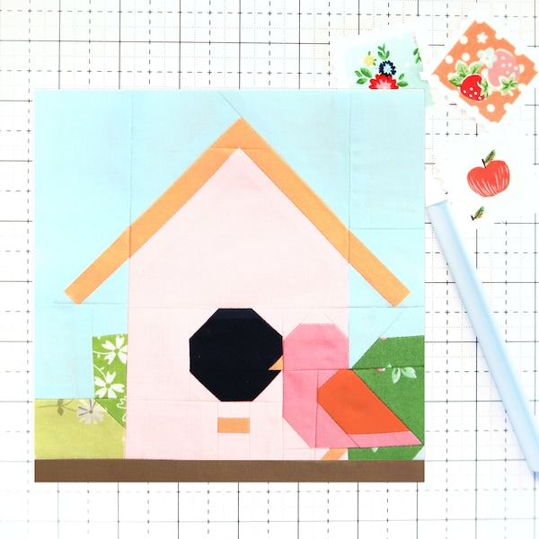 Birdhouse Spring Summer Bird Garden Quilt Block PDF pattern-Includes instructions for 6 inch, 12 inch, 18 inch, 24 inch Finished Blocks