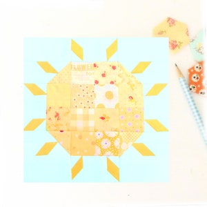 Scrappy Patchwork Sun Sunshine PDF Quilt Block Pattern - Includes instructions for 6 inch and 12 inch Finished Blocks