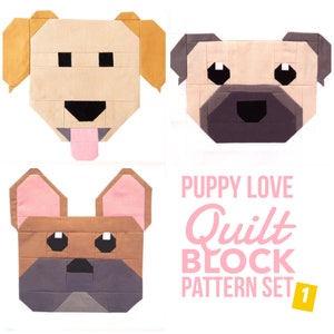 Set of 3 Dog Puppy Quilt Block Patterns: French Bulldog, Pug, Golden Retriever Instructions for 6 and 12 blocks 15% Savings image 1