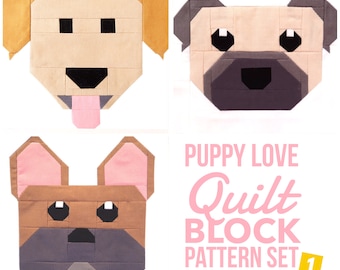 Zestaw 3 wzorów bloków patchworkowych „Pies Szczeniak”: Buldog francuski, Mops, Golden Retriever Instrukcje dotyczące bloków 6" i 12" Oszczędności 15%