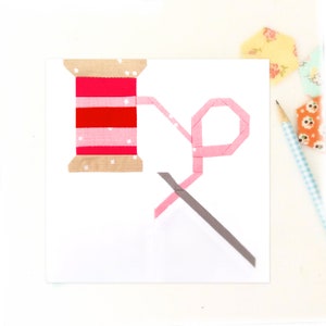 Costure um carretel de linha puxando uma agulha Padrão de bloco de colcha PDF - Inclui instruções para blocos acabados de 6 e 12 polegadas