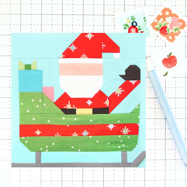 Santa's Sleigh Christmas Santa Claus Quilt Block Pattern PDF - Includes instructions for 6 inch, 12 inch, 18 inch, 24 inch Finished Blocks