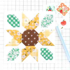 Sunflower Star Quilt Block Pattern PDF Spring Flower Garden - Instructions for 6 inch, 9 inch, 12 inch, 18 inch, 24 inch Finished Blocks