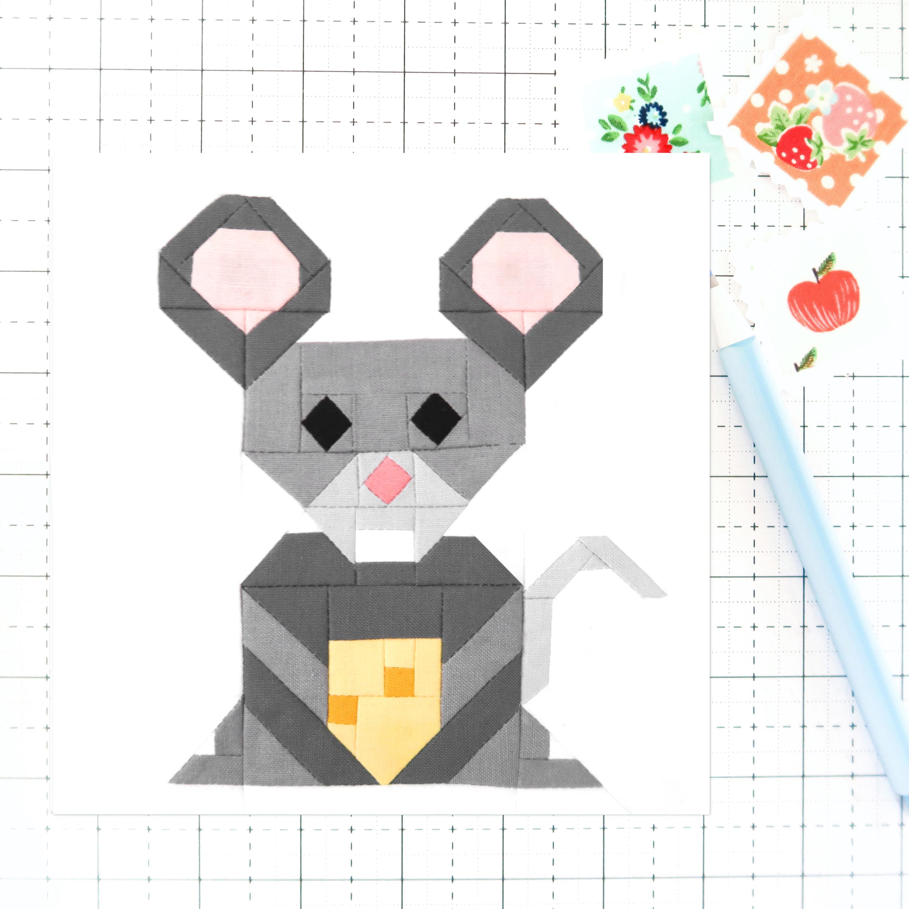 Mouse with Cheese Quilt Block Pattern Animal PDF - Makes 6 inch, 9 inch, 12 inch, 18 inch, and 24 inch Blocks - Traditional Piecing