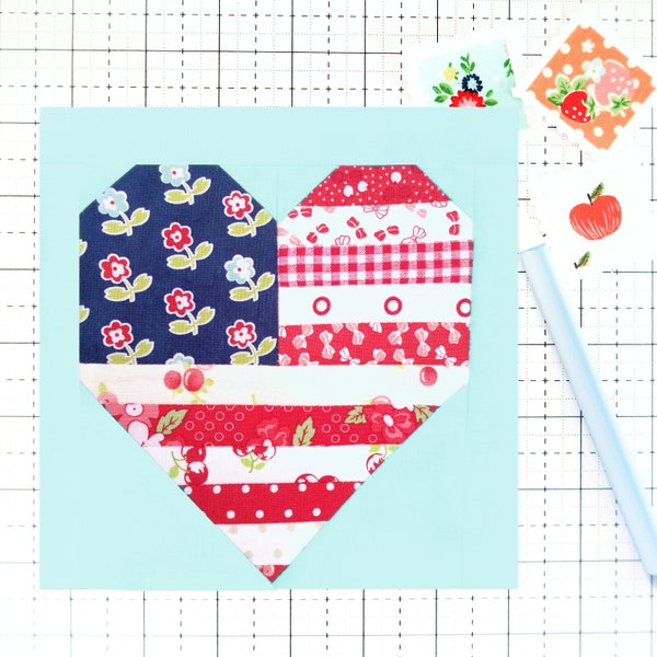 Land That I love American Flag Patriotic 4th of July Heart Quilt Block Pattern with measurements and instructions for 6 and 12 inch blocks