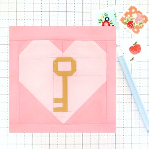 Key To My Heart Valentine Quilt Block PDF pattern - Includes instructions for 6 inch, 12 inch, 18 inch and 24 inch Finished Blocks