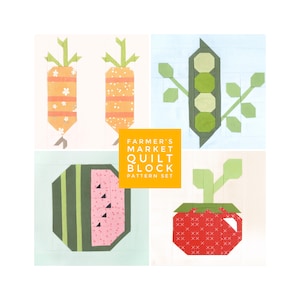 May include: A quilt block pattern set featuring four different vegetable designs: carrots, peas in a pod, a watermelon, and a strawberry. The set is labeled "Farmer's Market Quilt Block Pattern Set" in a yellow square.