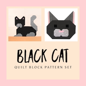秋の黒猫と猫の顔のキルトブロックパターン 2 個セット - 6 インチ、12 インチ、18 インチ、24 インチのブロックの説明 - 15% 割引