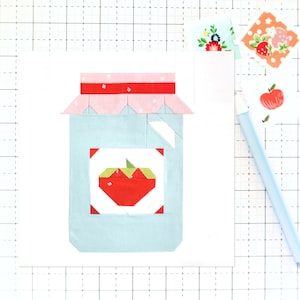 Strawberry Jam Farm Canning Jar Quilt Block PDF pattern - Includes instructions for 6 inch, 12 inch, 18 inch and 24 inch Finished Blocks