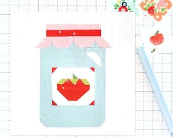 Strawberry Jam Farm Canning Jar Quilt Block PDF pattern - Includes instructions for 6 inch, 12 inch, 18 inch and 24 inch Finished Blocks