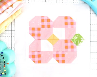 Gingham Petals - Spring Flower Quilt Block Pattern PDF Instructions for 6 inch, 9 inch, 12 inch, 18 inch, 24 inch Blocks Traditional Piecing