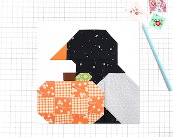 Autumn Crow Quilt Block Pattern Fall Pumpkin Bird PDF - Makes 6 inch, 9 inch, 12 inch, 18 inch, and 24 inch Blocks