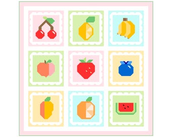 Obstsalat Quilt Pattern 9 Quilt-Block Muster PDF - Anleitungen für 6 Zoll, 9 Zoll, 12 Zoll, 18 Zoll, 24 Zoll Fertige Blöcke und Quilt