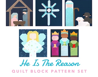 Set of 5 Nativity Christmas Quilt Block Patterns: Nativity, Angel, Wise Men, Shepherd, Star- Includes 6", 12", 18", 24" blocks - 15% Savings