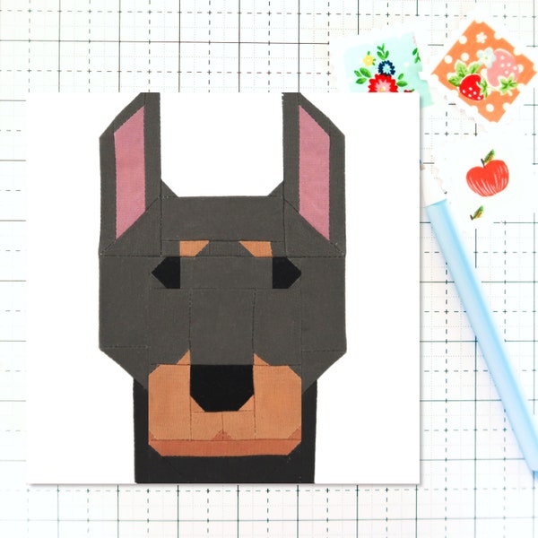 Doberman Pinscher Dog Puppy Quilt Block PDF pattern - Includes instructions for 6 inch, 12 inch, 18 inch and 24 inch Finished Blocks