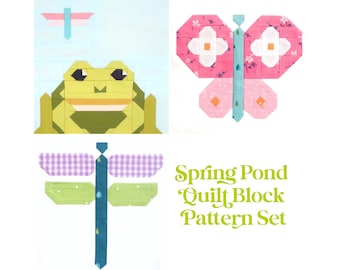 Set of 3 Spring Pond Quilt Block Patterns: Ribbit Ribbit Frog, Dragonfly, Butterfly-Instructions for 6", 12", 18" and 24" blocks 15% Savings