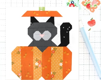 Cat in a Pumpkin Quilt Block Pattern Fall Autumn PDF - Makes 6 inch, 9 inch, 12 inch, 18 inch, and 24 inch Blocks - Traditional Piecing