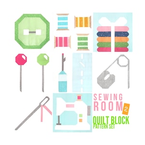 May include: A set of quilt block patterns featuring sewing-themed illustrations. The patterns include a button, spools of thread, a sewing machine, a pin cushion, a safety pin, and a piece of fabric. The text "Sewing Room 2 Quilt Block Pattern Set" is included in the image.