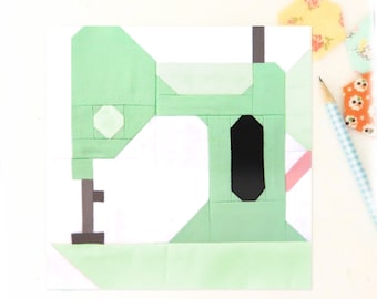 PDF-mönster för quiltblock med vintage-symaskin - Innehåller instruktioner för färdiga block på 15 cm och 30 cm
