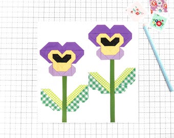 Pansies Flowers Quilt Block Pattern Spring PDF - Instructions for 6 inch, 9 inch, 12 inch, 18 inch, 24 inch Blocks Traditional Piecing
