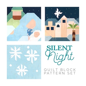Puede incluir: Un conjunto de cuatro patrones de bloques de colcha que representan una escena de la natividad, una estrella y copos de nieve. Los patrones se titulan "Silent Night Quilt Block Pattern Set".