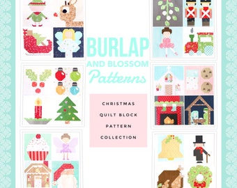 Set of 24 Burlap and Blossom Patterns Christmas Quilt Block Pattern Collection: 30% Savings