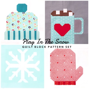 Juego de 4 patrones de bloques de edredones de invierno: manopla, copo de nieve, gorro de invierno y taza de chocolate caliente. Instrucciones para bloques de 6&quot; y 12&quot; Ahorro del 15%