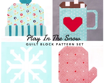 Set of 4 Winter Quilt Block Patterns: Mitten, Snowflake, Winter Hat and Hot Chocolate Mug Instructions for 6" and 12" blocks 15% Savings