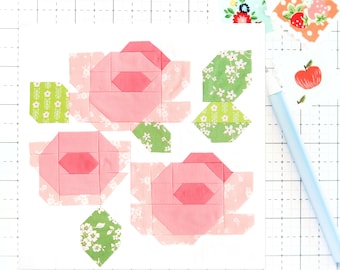 Posy Peony Bouquet Flower Quilt Block Pattern PDF - Instructions for 6 inch, 9 inch, 12 inch, 18 inch, 24 inch Blocks Traditional Piecing