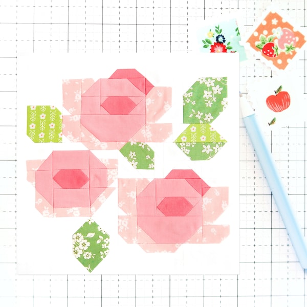 Posy Peony Bouquet Flower Quilt Block Pattern PDF - Instructions for 6 inch, 9 inch, 12 inch, 18 inch, 24 inch Blocks Traditional Piecing