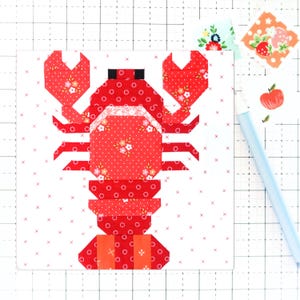 Lobster Quilt Block Pattern PDF Nautical Ocean Beach Animal - Instructions for 6 inch, 9 inch, 12 inch, 18 inch, 24 inch Finished Blocks