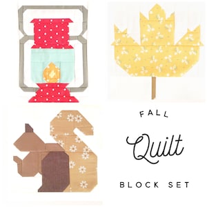 Set of 3 Fall Autumn Quilt Block Patterns - Henrietta Squirrel, Lantern, Maple Leaf Instructions for 6 & 12 inch blocks 15% Savings