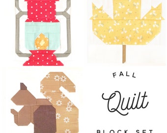 Set of 3 Fall Autumn Quilt Block Patterns - Henrietta Squirrel, Lantern, Maple Leaf Instructions for 6 & 12 inch blocks 15% Savings