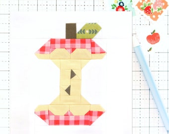 Apple Core Food Fall Autumn Harvest Quilt Block Patrón PDF-Instrucciones para bloques terminados de 6, 12, 18 y 24 pulgadas