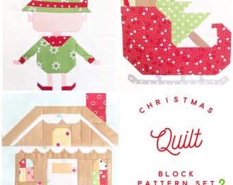 Set of 3 Christmas Quilt Block Patterns Elf, Gingerbread House, and Sleigh Instructions for 6 inch and 12 inch blocks 15% Savings