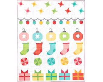 Christmas Chorus -  Christmas Row PDF Quilt Pattern - Traditional Piecing Throw Quilt - Stars, Lights, Ornaments, Stockings, Candy, Gifts