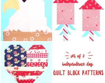 Puede incluir: Conjunto de tres patrones de bloques de colcha para el Día de la Independencia que incluyen un corazón con tela roja, blanca y azul, un fuego artificial rojo, blanco y azul y un águila blanca con un nido marrón.